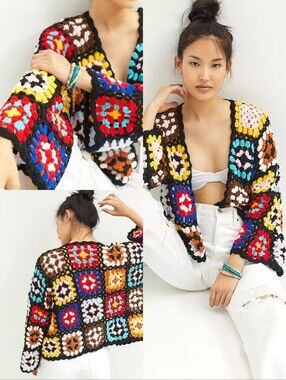 Anthropologie Colorblocked Square Crochet Cardigan One Size Fits Large Open Knit